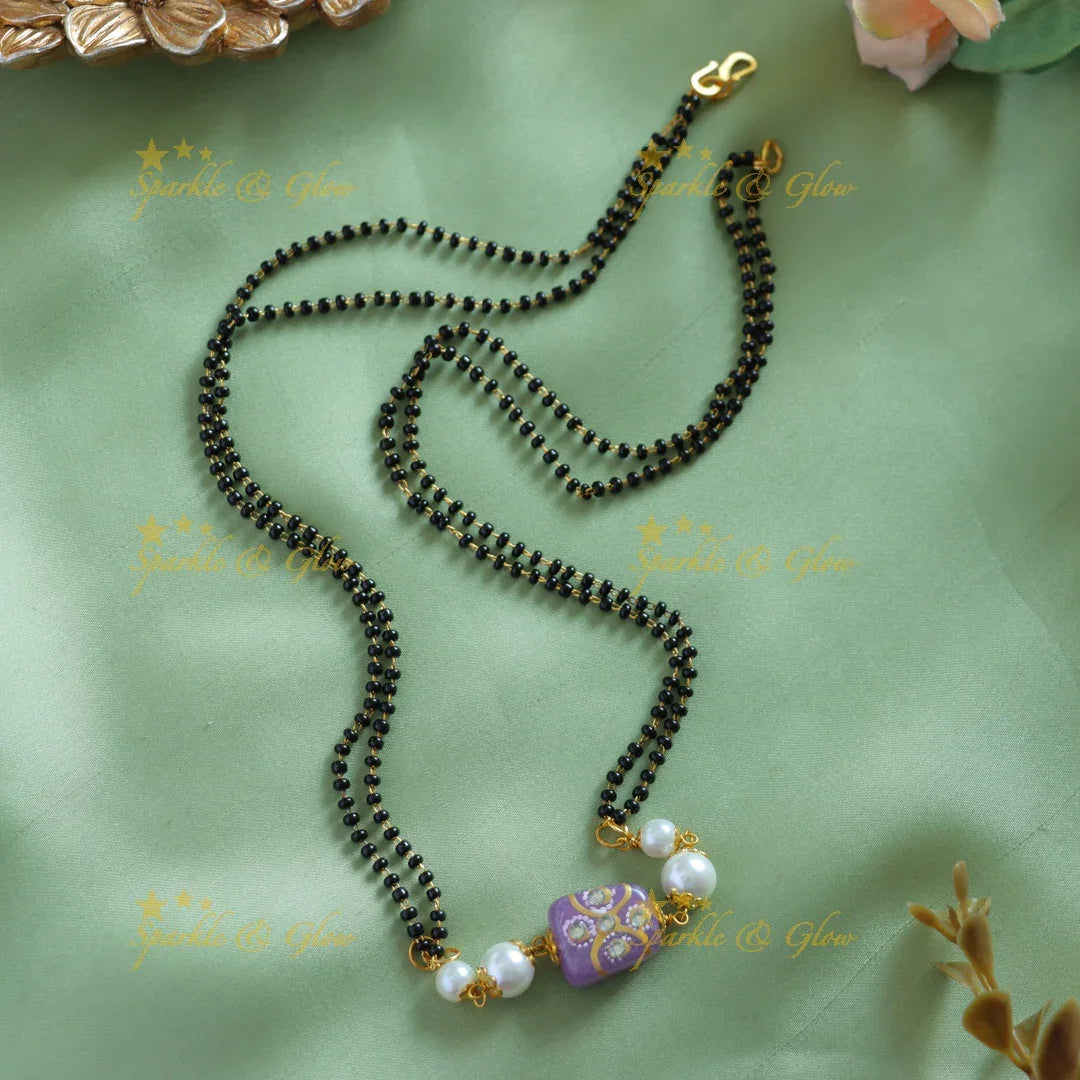 Stunning Beads and pearls pendant two layer black beads chain , mangalsutra - purple - Sparkle and Glow