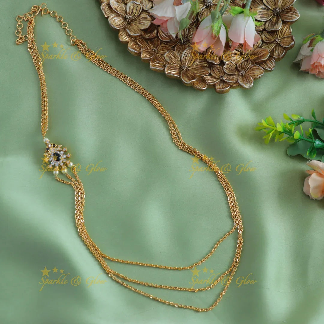 Beautiful Peacock floral design three layer long chain with stones and pearls - pink - Sparkle and Glow