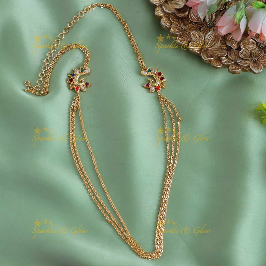 Statement Peacock design three layer long chain with multi colour stones