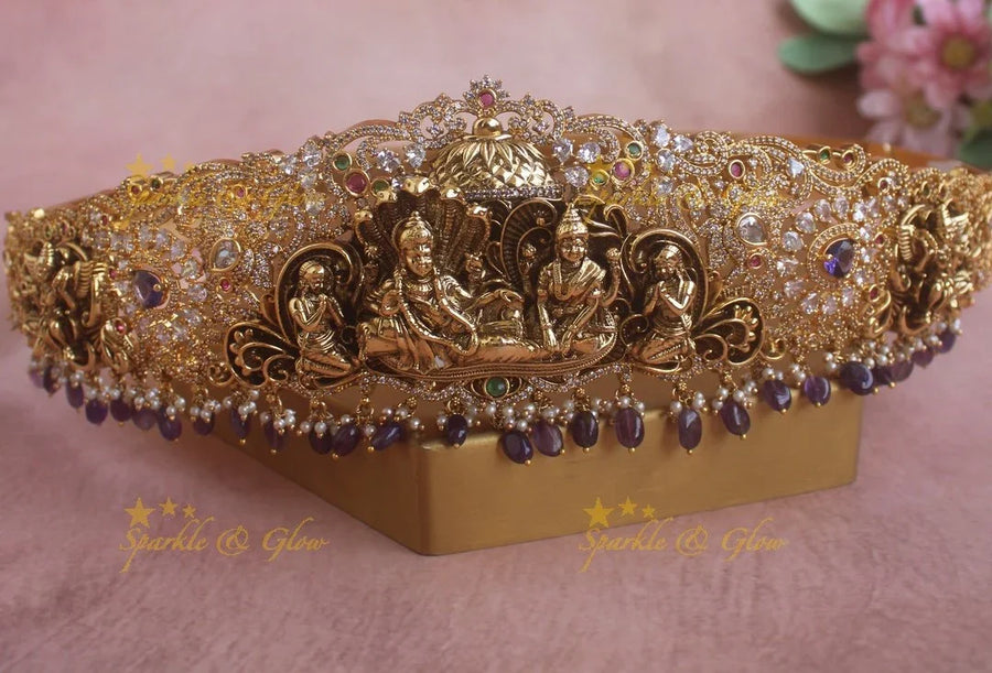 Grand Idol Lakshmi Narayana carved Hipbelt with Red beads - Sparkle and Glow