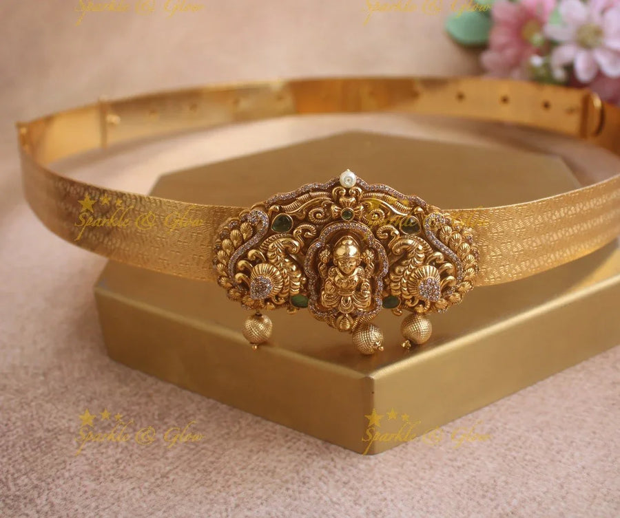 Elegant Idol Lakshmi Peacock pendant carved plain Hipbelt with AD stones - Sparkle and Glow