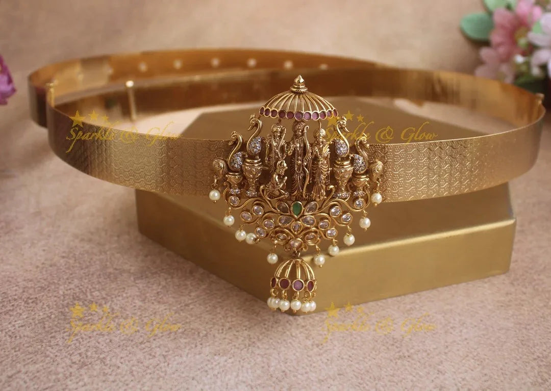 Grand Ramaparivar pendant carved plain Hipbelt with AD stones - Sparkle and Glow