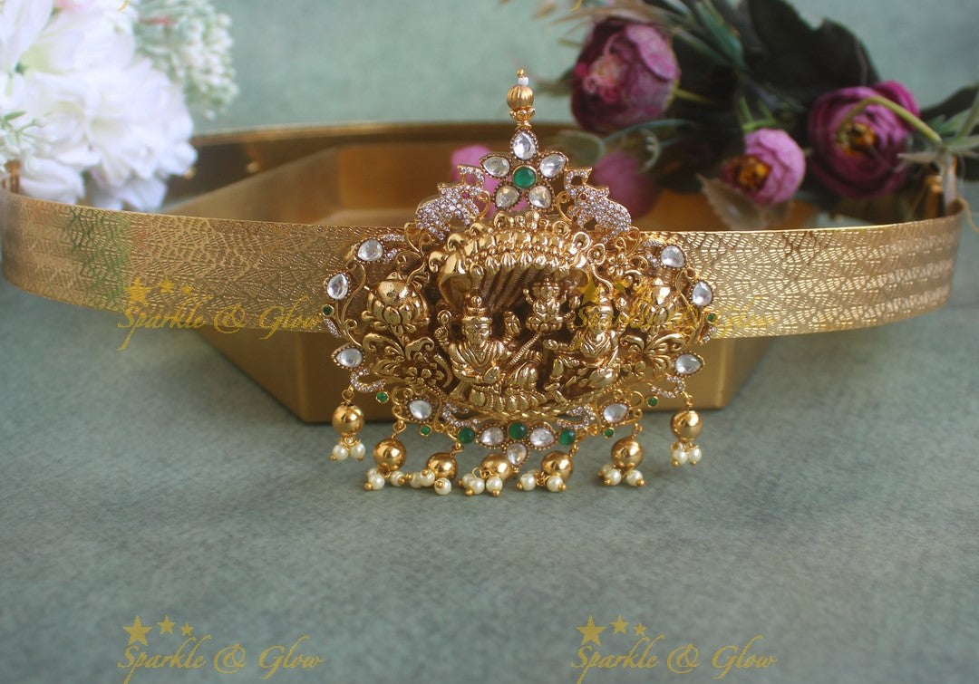 Sparkling Idol Lakshmi Narayana pendant carved plain Hipbelt with pearls