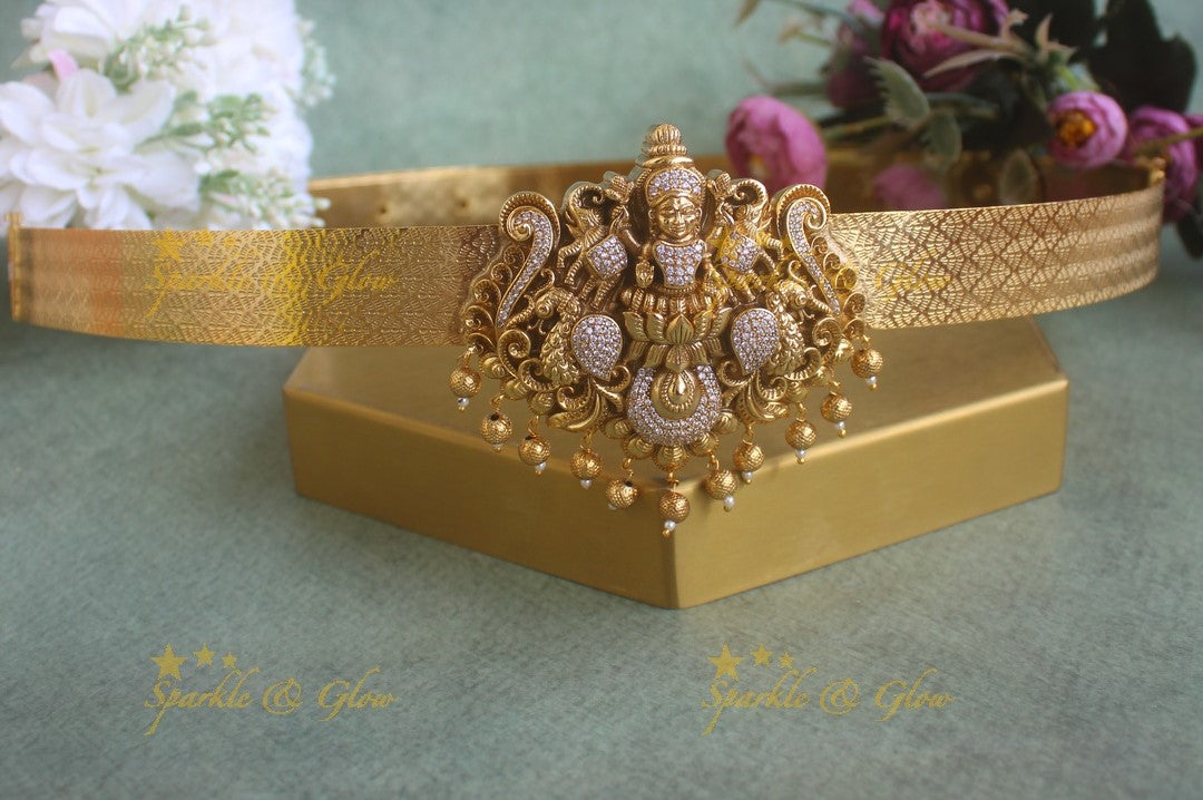 Elegant Goddess Mahalakshmi Peacock pendant carved plain Hipbelt with AD stones
