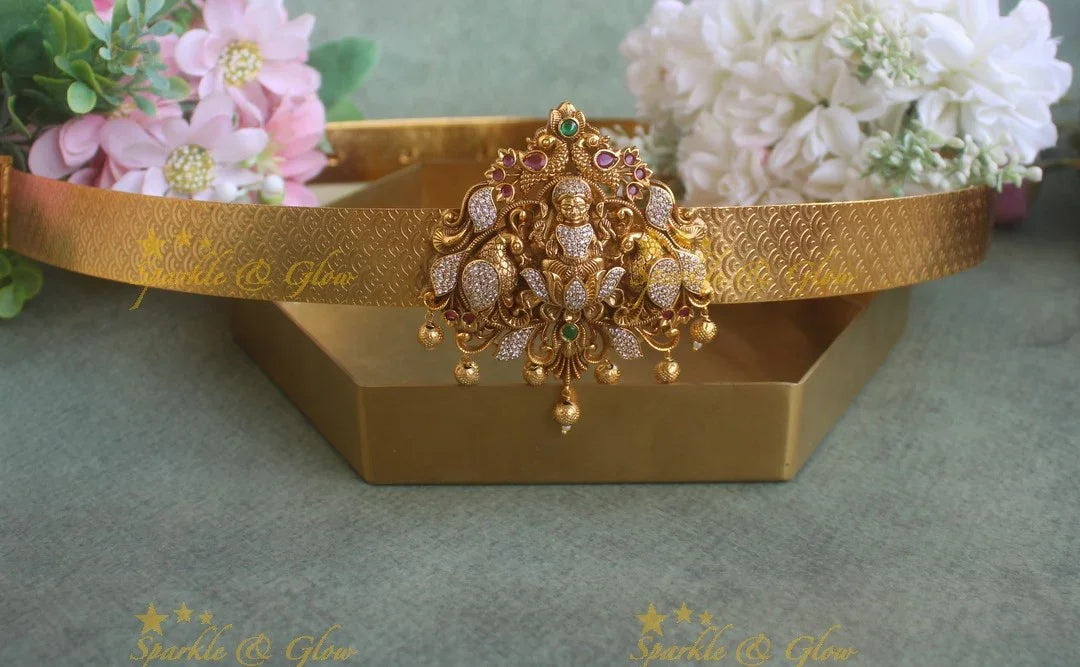 Beautiful AD Lakshmi peacock pendant carved plain Hipbelt - Sparkle and Glow
