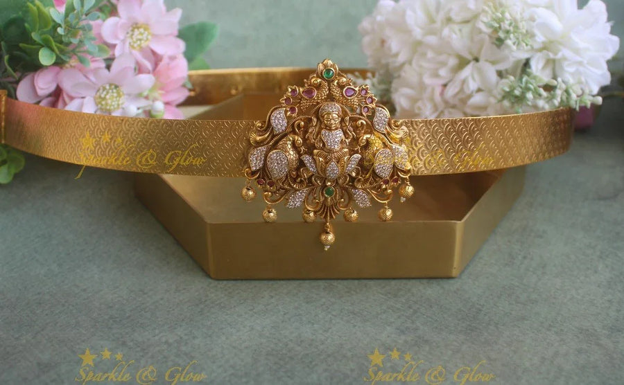 Beautiful AD Lakshmi peacock pendant carved plain Hipbelt - Sparkle and Glow