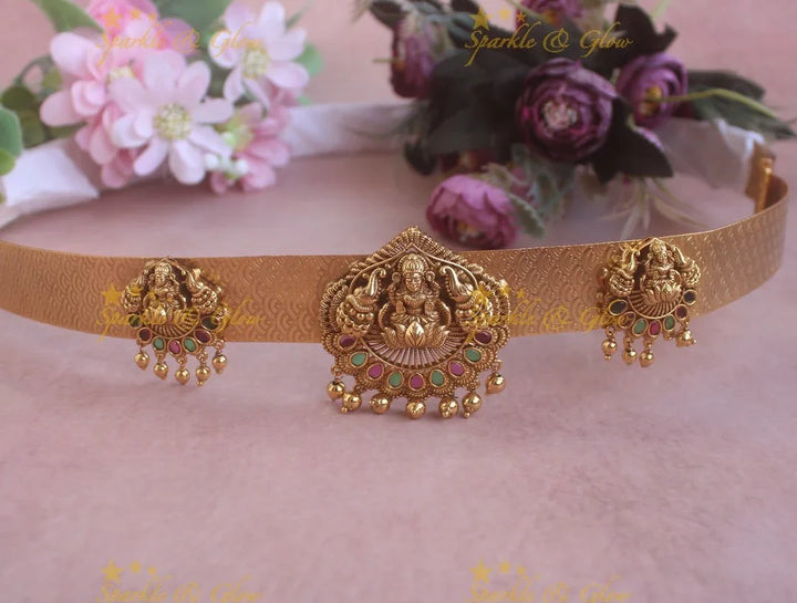 Sparkling Idol Lakshmi Elephant pendant carved plain Hipbelt with Gold beads - Sparkle and Glow