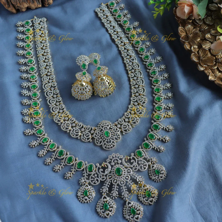 Grand Emerald two layered American diamond Peacock Haram - Sparkle and Glow