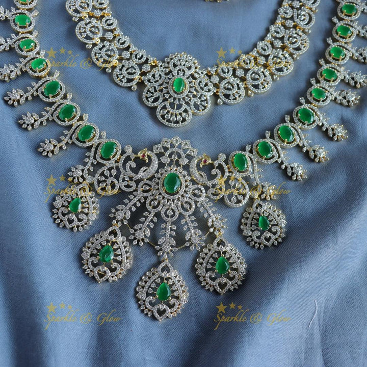 Grand Emerald two layered American diamond Peacock Haram - Sparkle and Glow