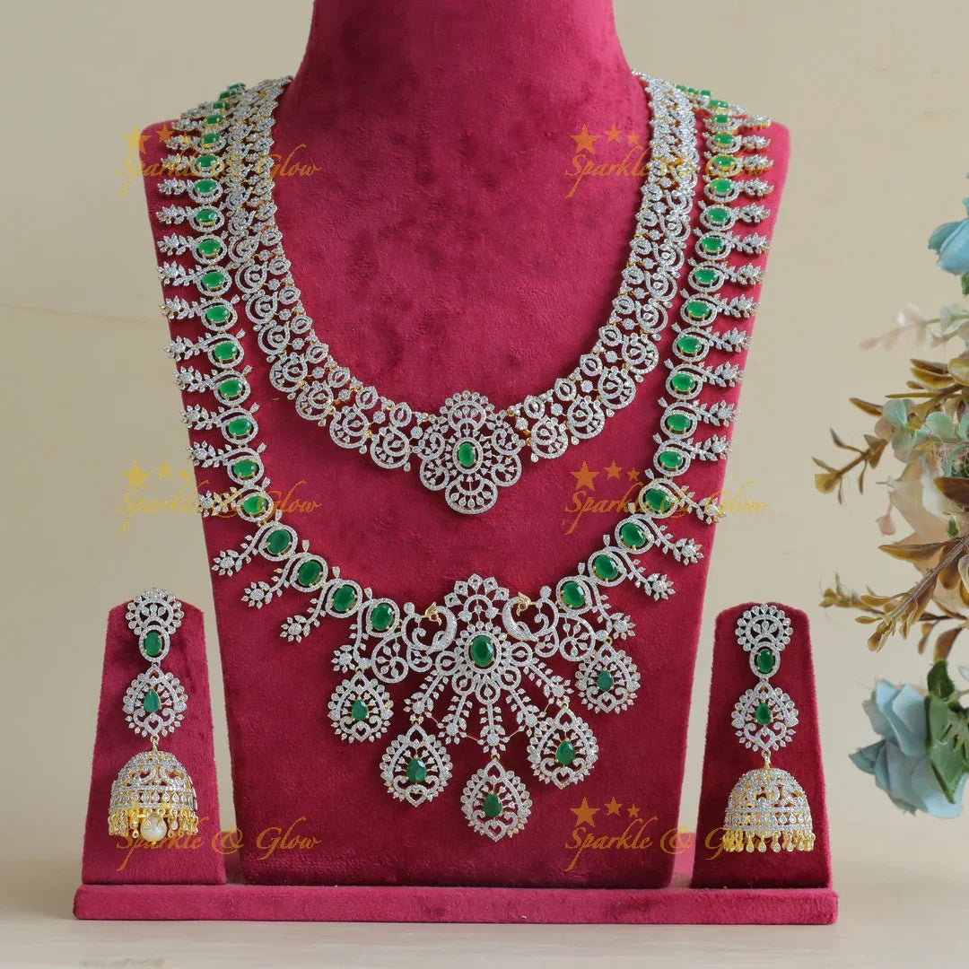 Grand Emerald two layered American diamond Peacock Haram - Sparkle and Glow