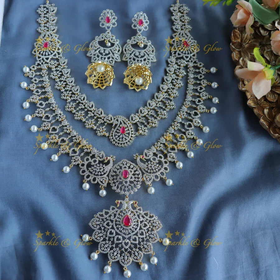 Gracious Peacock Mango two layered American diamond Haram - Sparkle and Glow