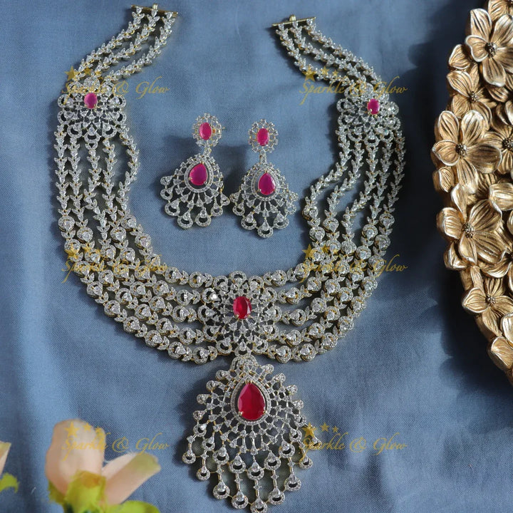 Grand Five Layered Floral Pendant American Diamond Haram-Green - Sparkle and Glow