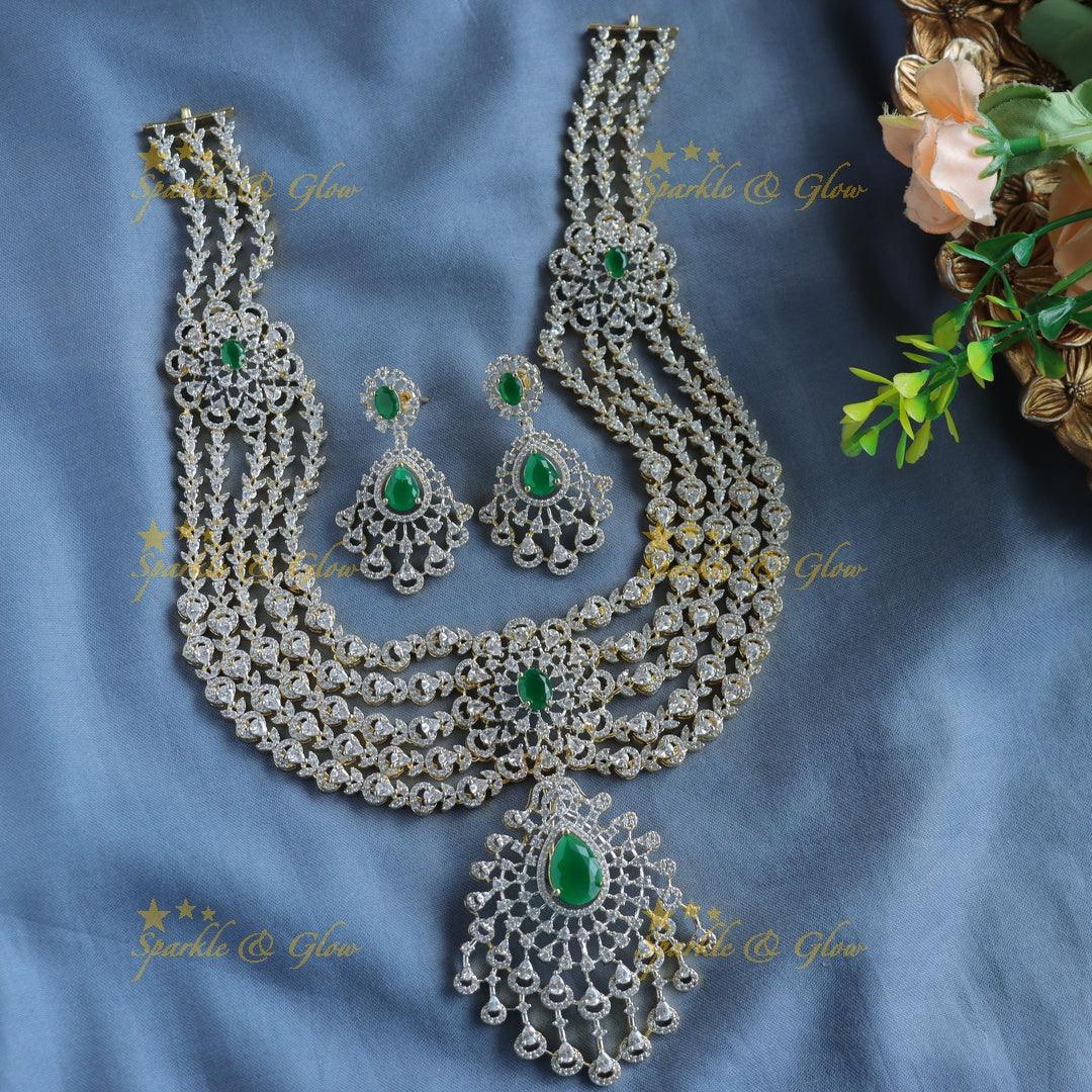 Grand Five Layered Floral Pendant American Diamond Haram-Green - Sparkle and Glow
