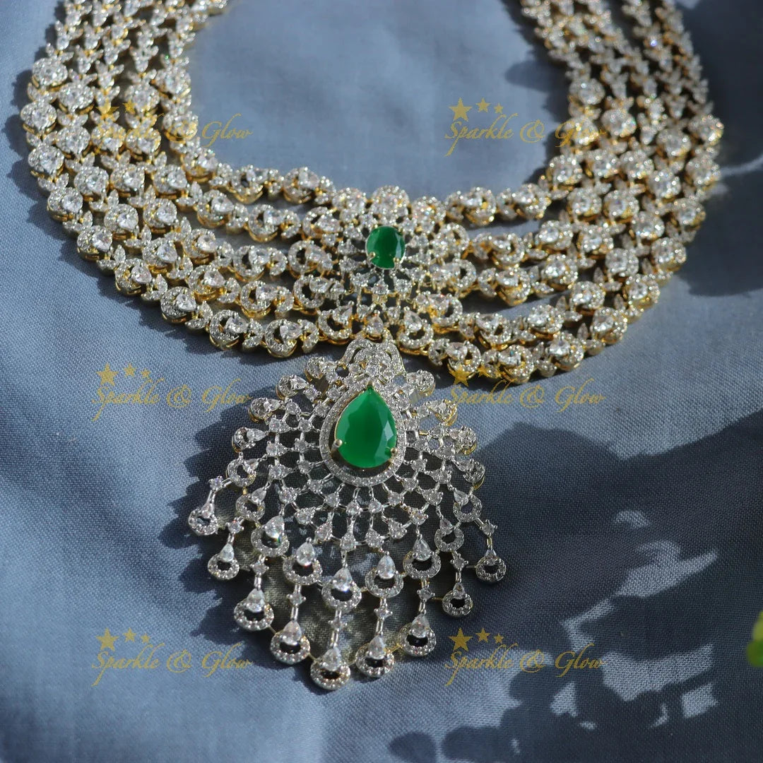 Grand Five Layered Floral Pendant American Diamond Haram-Green - Sparkle and Glow