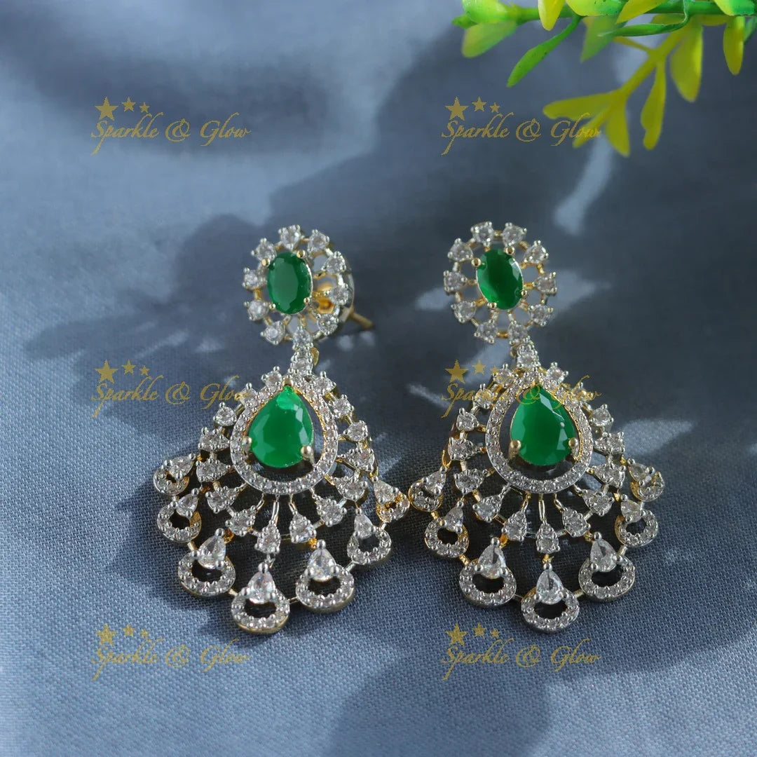 Grand Five Layered Floral Pendant American Diamond Haram-Green - Sparkle and Glow