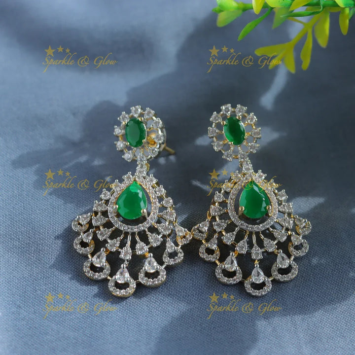 Grand Five Layered Floral Pendant American Diamond Haram-Green - Sparkle and Glow