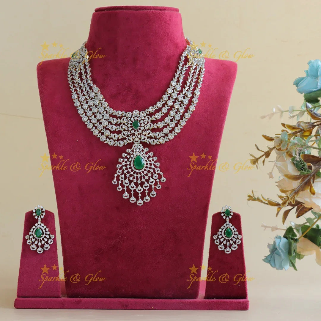 Grand Five Layered Floral Pendant American Diamond Haram-Green - Sparkle and Glow