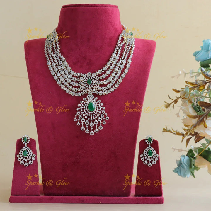 Grand Five Layered Floral Pendant American Diamond Haram-Green - Sparkle and Glow