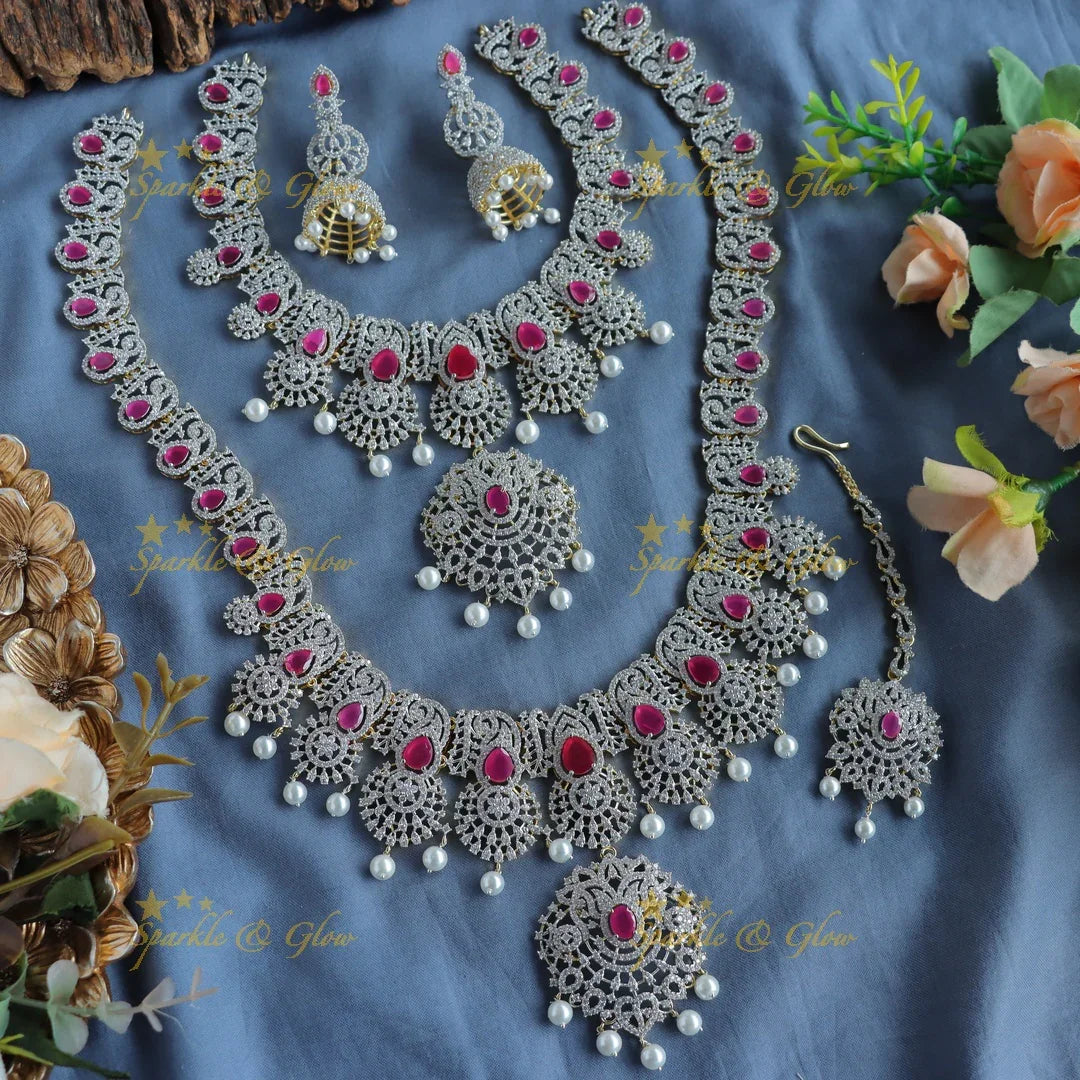 Grand Lotus Floral pendant GJ polish Semi bridal set with tikka-Green - Sparkle and Glow