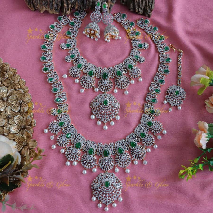 Grand Lotus Floral pendant AD silver finish Semi bridal set with tikka-Green - Sparkle and Glow