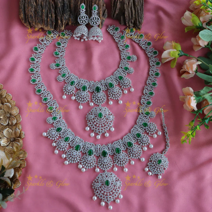 Grand Lotus Floral pendant GJ polish Semi bridal set with tikka-Green - Sparkle and Glow