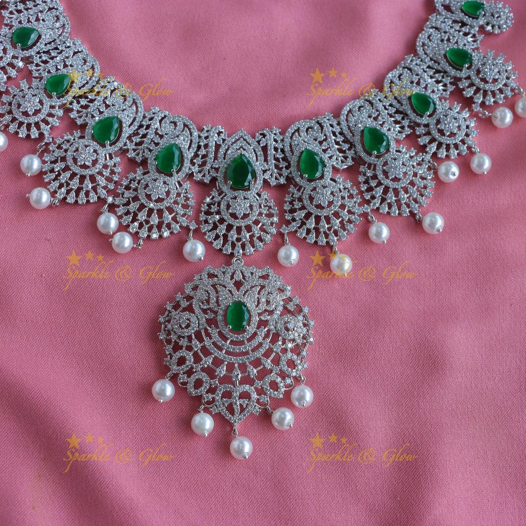 Grand Lotus Floral pendant GJ polish Semi bridal set with tikka-Green - Sparkle and Glow