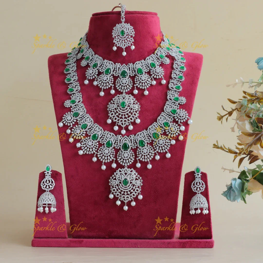 Grand Lotus Floral pendant GJ polish Semi bridal set with tikka-Green - Sparkle and Glow