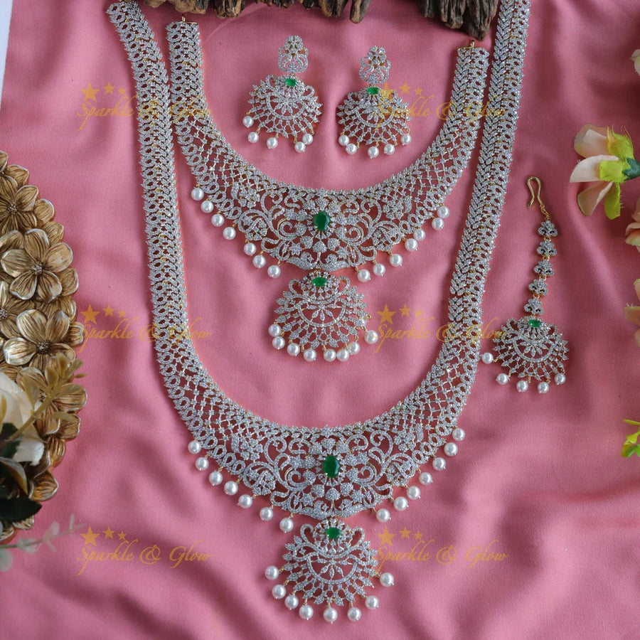 Grand Floral Mango design GJ polish Semi bridal set with tikka-Green - Sparkle and Glow