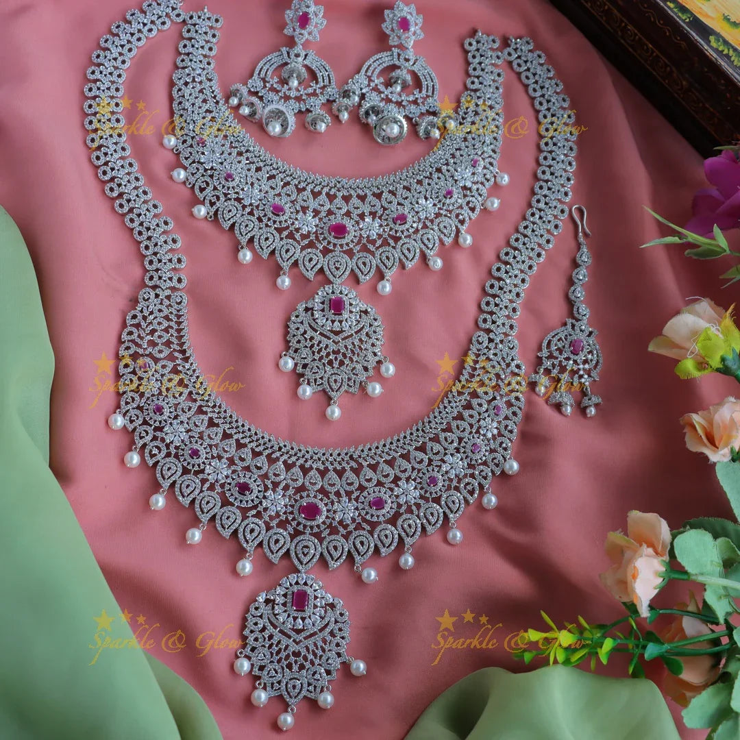 Grand Mango Floral design AD silver finish semi bridal set with tikka-Ruby - Sparkle and Glow