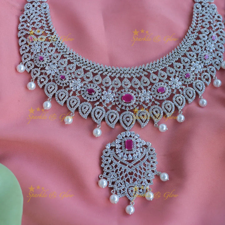 Grand Mango Floral design AD silver finish semi bridal set with tikka-Ruby - Sparkle and Glow