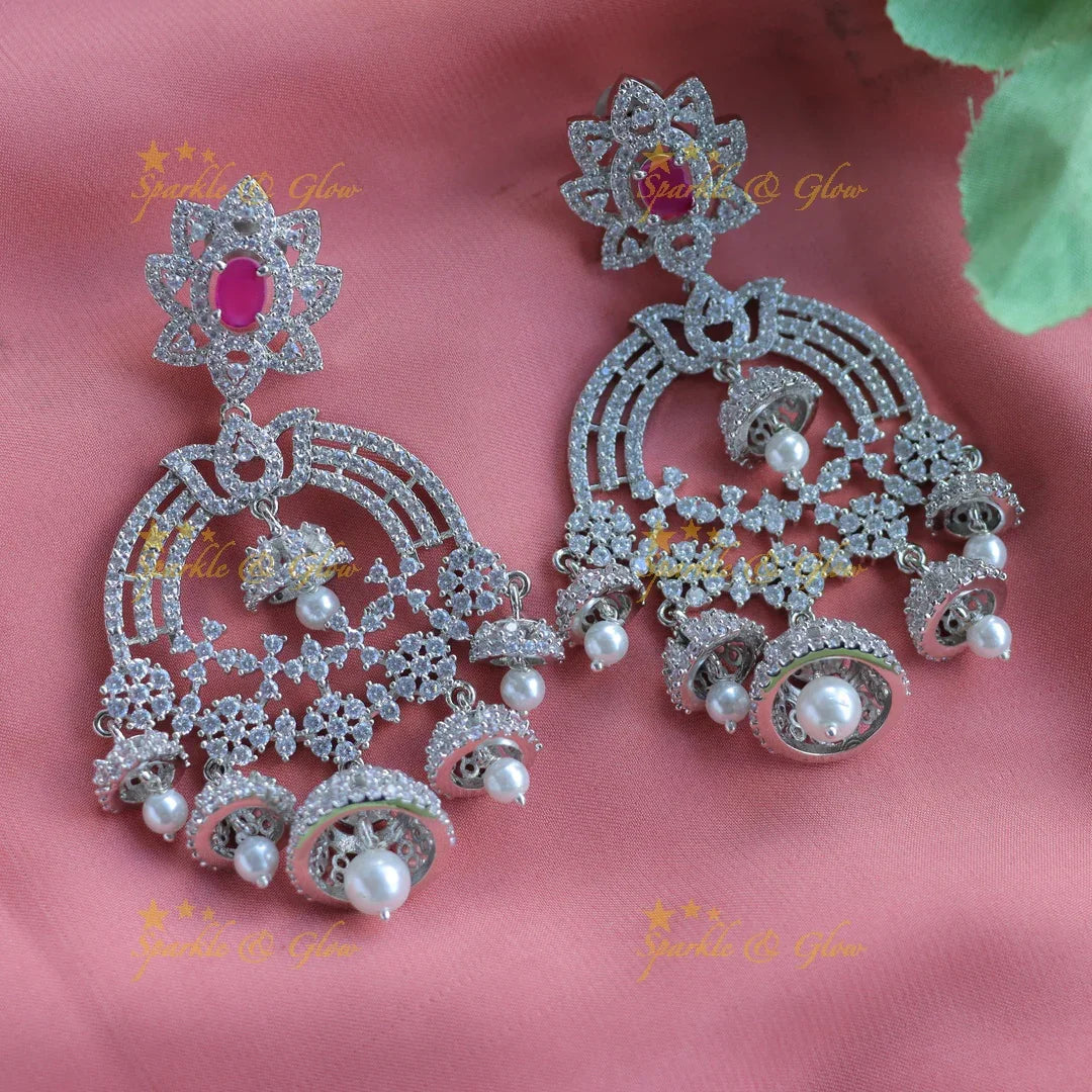 Grand Mango Floral design AD silver finish semi bridal set with tikka-Ruby - Sparkle and Glow