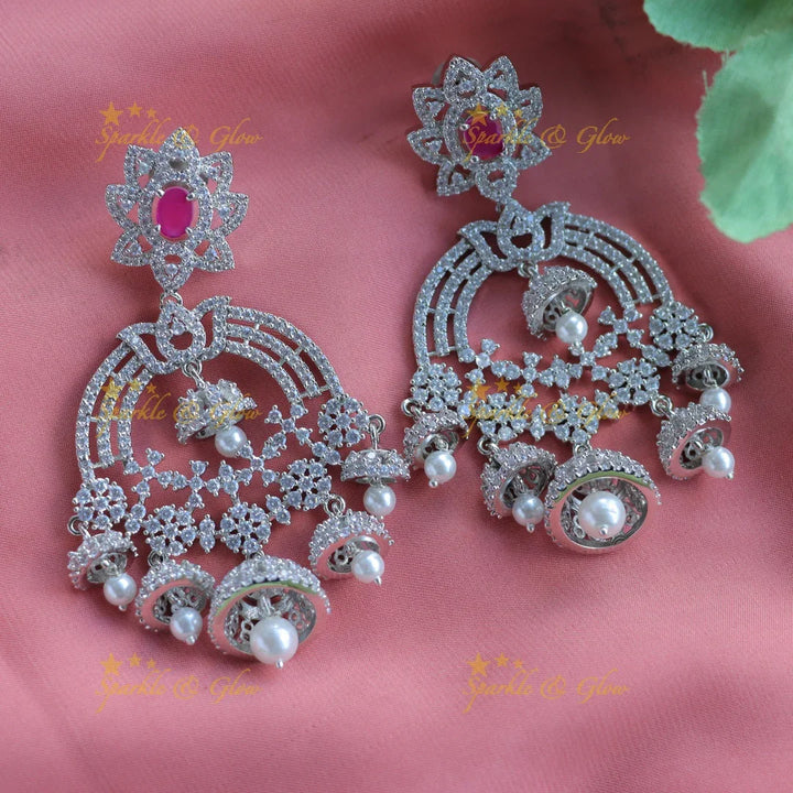 Grand Mango Floral design AD silver finish semi bridal set with tikka-Ruby - Sparkle and Glow