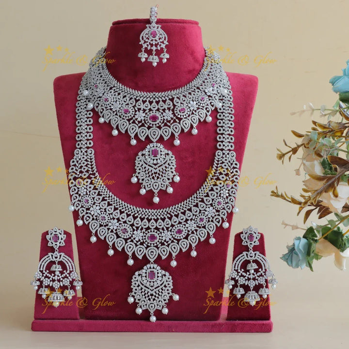 Grand Mango Floral design AD silver finish semi bridal set with tikka-Ruby - Sparkle and Glow