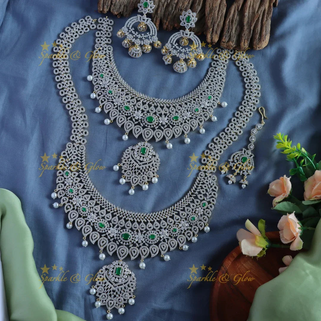 Grand Mango Floral design GJ polish semi bridal set with tikka-Green - Sparkle and Glow