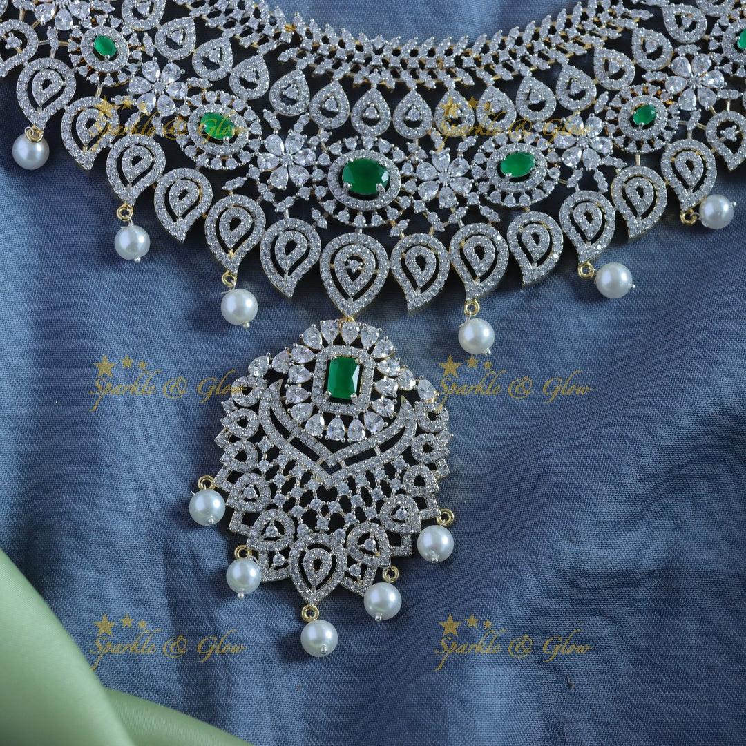 Grand Mango Floral design GJ polish semi bridal set with tikka-Green - Sparkle and Glow