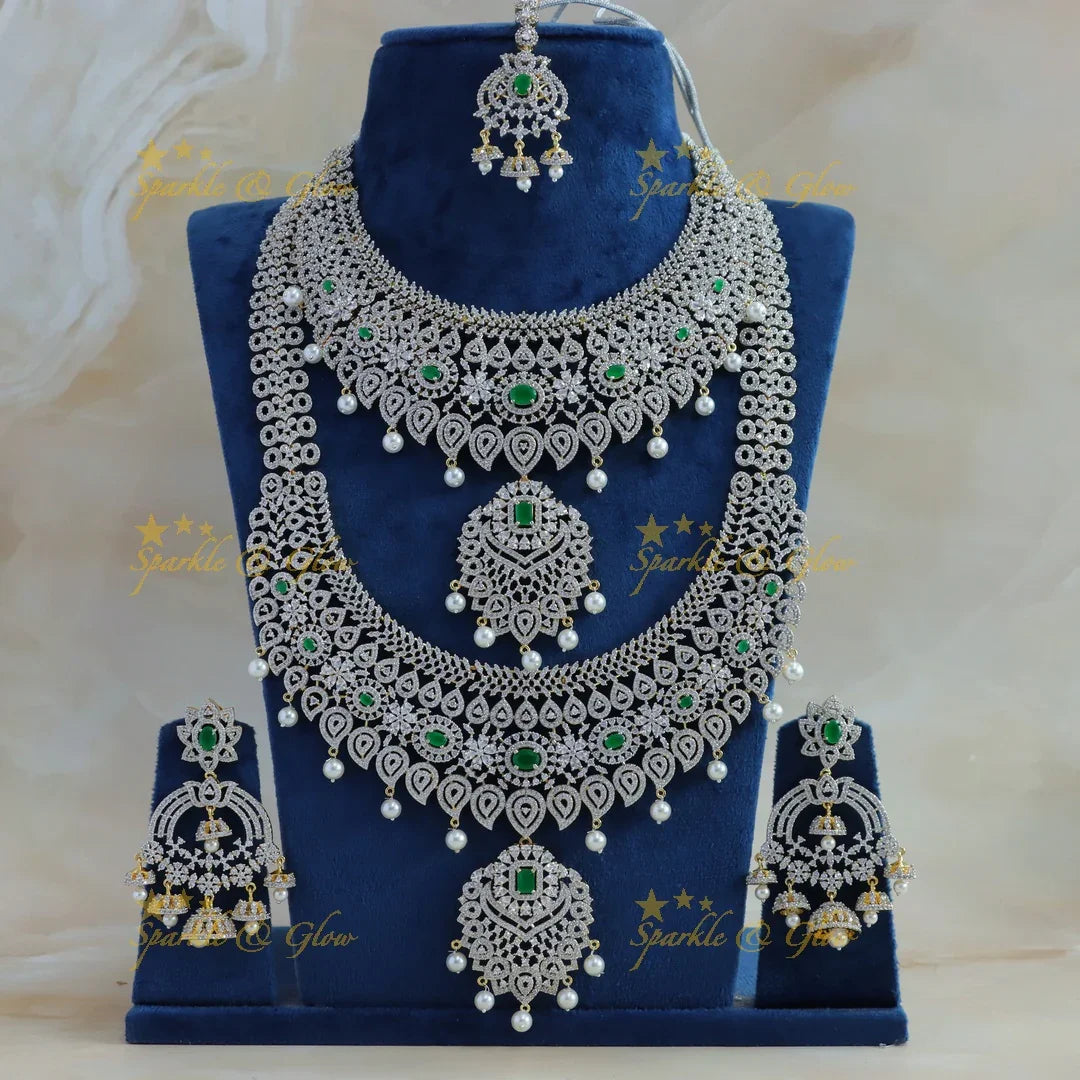 Grand Mango Floral design GJ polish semi bridal set with tikka-Green - Sparkle and Glow