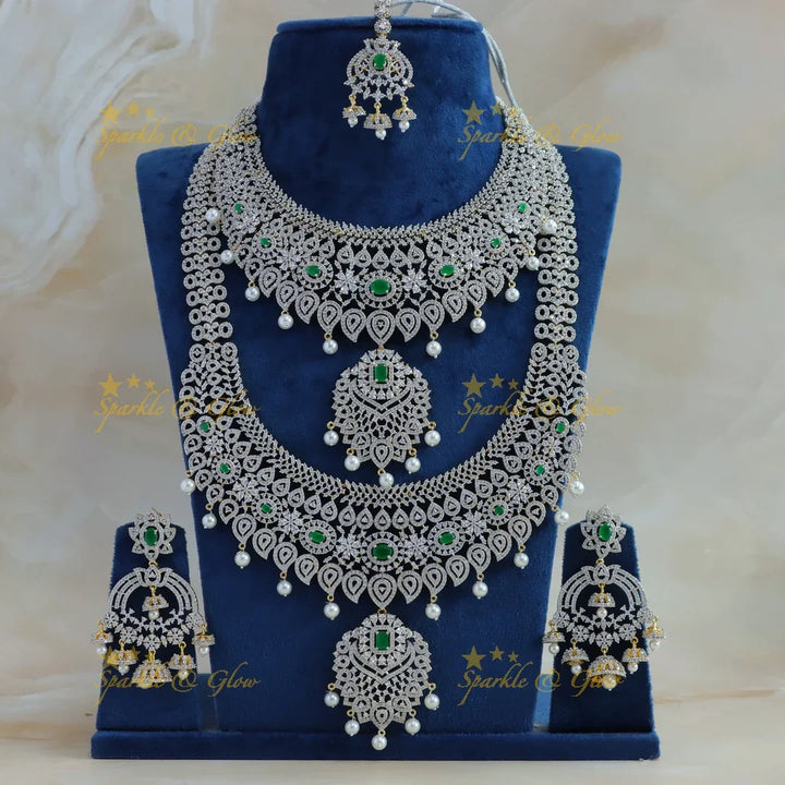 Grand Mango Floral design GJ polish semi bridal set with tikka-Green - Sparkle and Glow