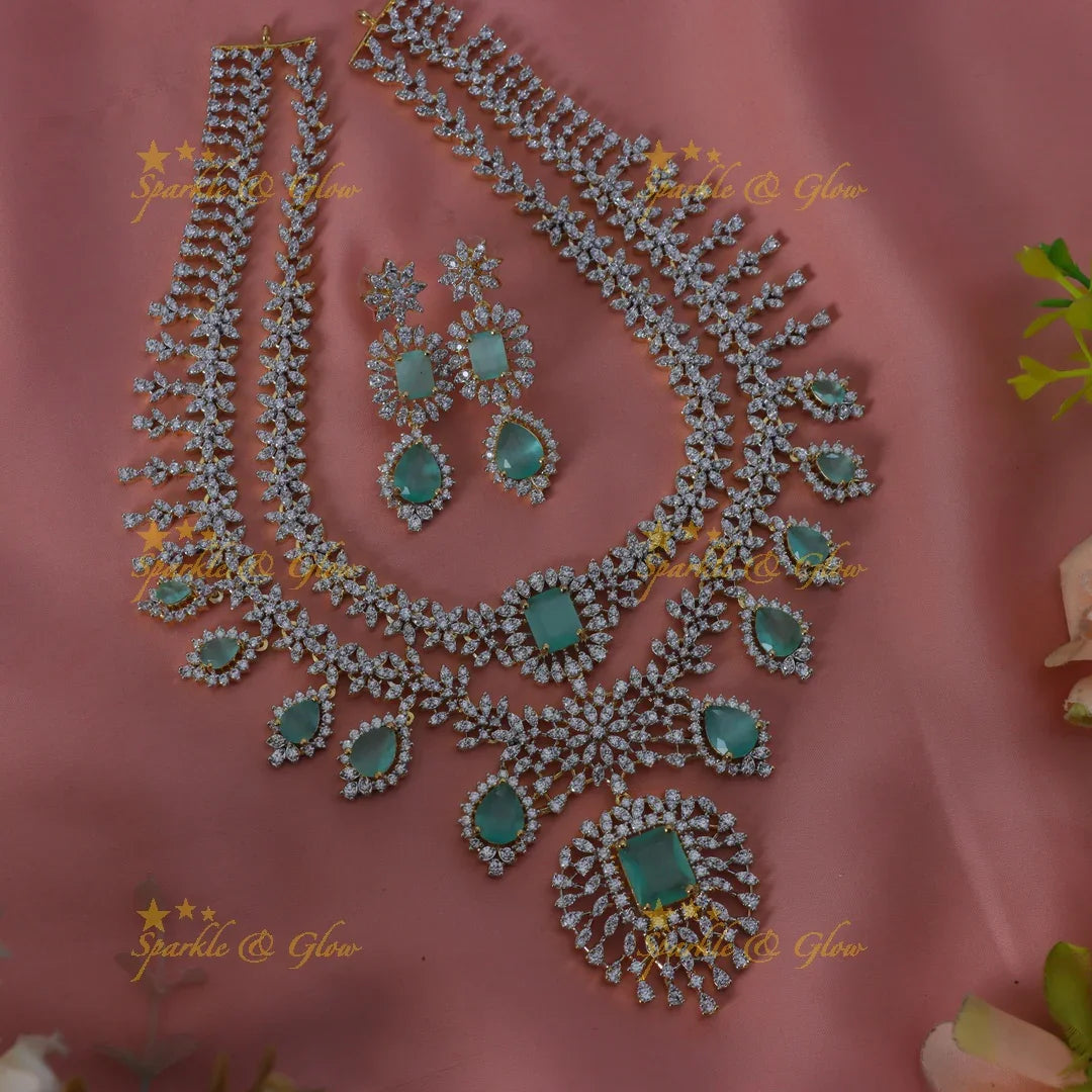 Sparkling Leaf Floral Waterdrop design two Layered American diamond short necklace - Sparkle and Glow