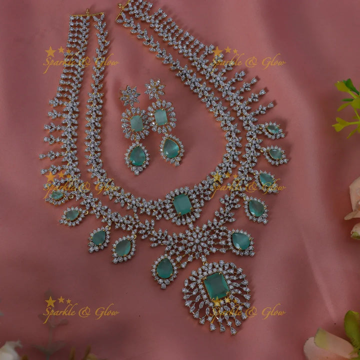 Sparkling Leaf Floral Waterdrop design two Layered American diamond short necklace - Sparkle and Glow