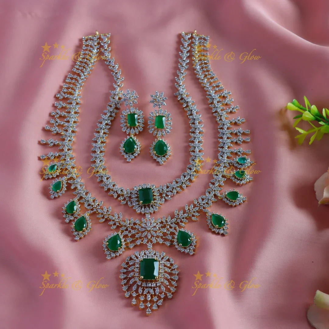 Sparkling Leaf Floral Waterdrop design two Layered American diamond short necklace - Sparkle and Glow