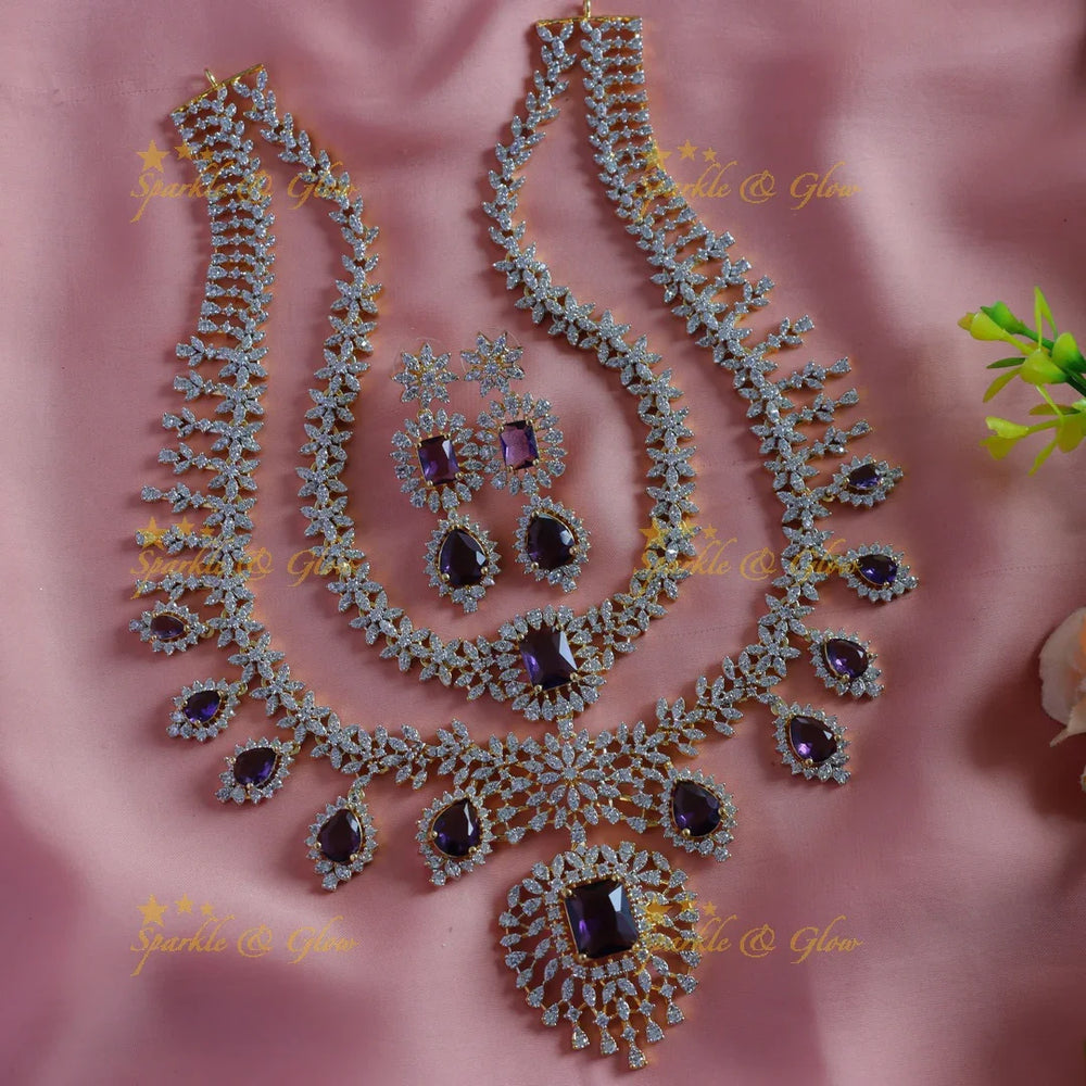 Sparkling Leaf Floral Waterdrop design two Layered American diamond short necklace - Sparkle and Glow