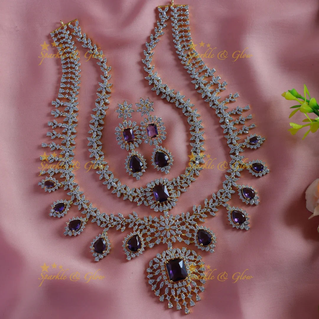 Sparkling Leaf Floral Waterdrop design two Layered American diamond short necklace - Sparkle and Glow