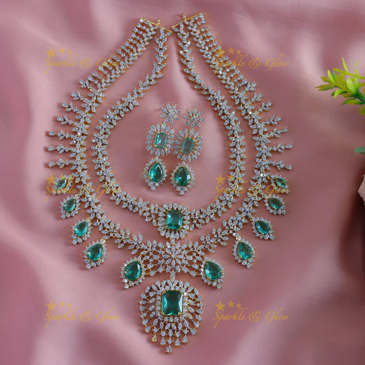 Sparkling Leaf Floral Waterdrop design two Layered American diamond short necklace - Sparkle and Glow