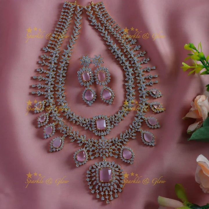 Sparkling Leaf Floral Waterdrop design two Layered American diamond short necklace - Sparkle and Glow