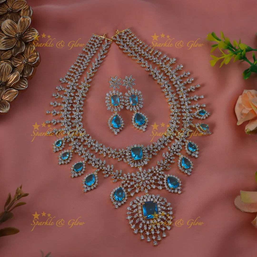 Sparkling Leaf Floral Waterdrop design two Layered American diamond short necklace - Sparkle and Glow