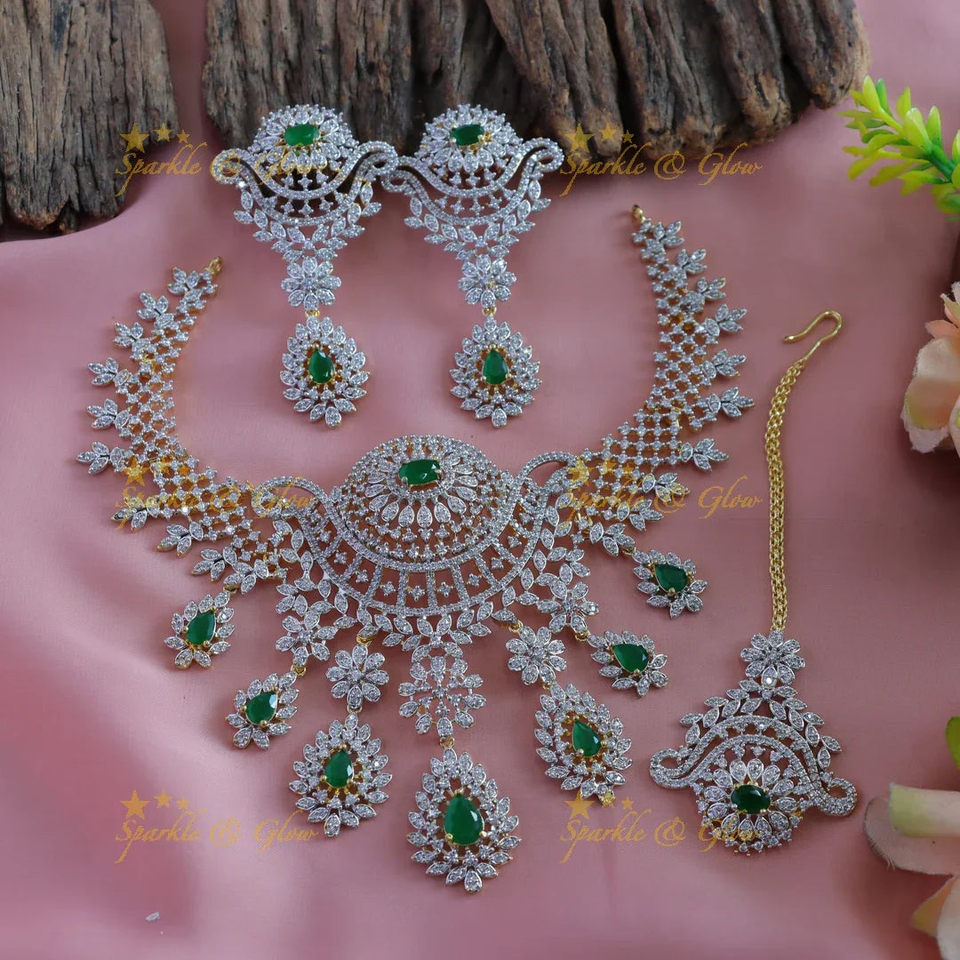 Intricately carved Floral Waterdrop design American diamond short necklace with Maangtikka - Sparkle and Glow