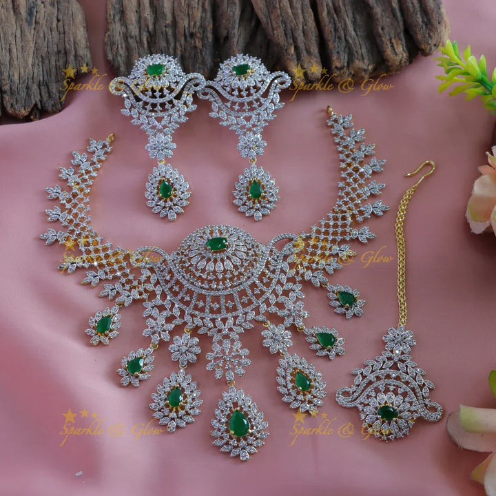 Intricately carved Floral Waterdrop design American diamond short necklace with Maangtikka - Sparkle and Glow