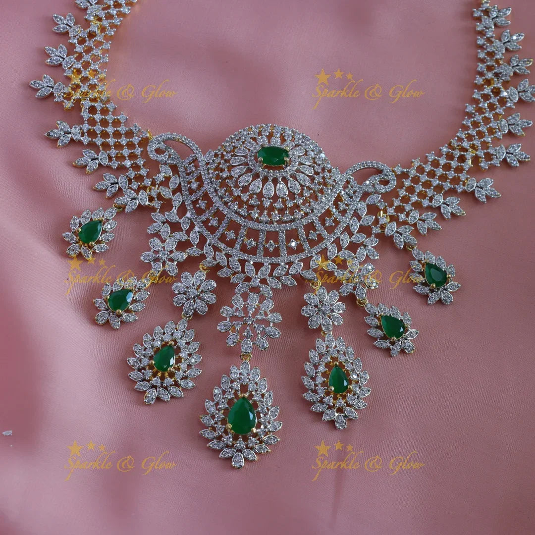 Intricately carved Floral Waterdrop design American diamond short necklace with Maangtikka - Sparkle and Glow