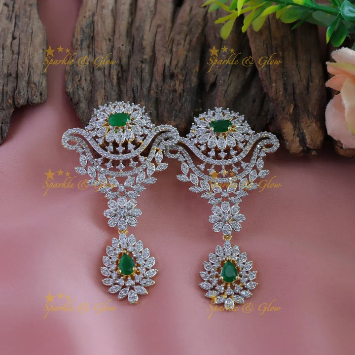 Intricately carved Floral Waterdrop design American diamond short necklace with Maangtikka - Sparkle and Glow