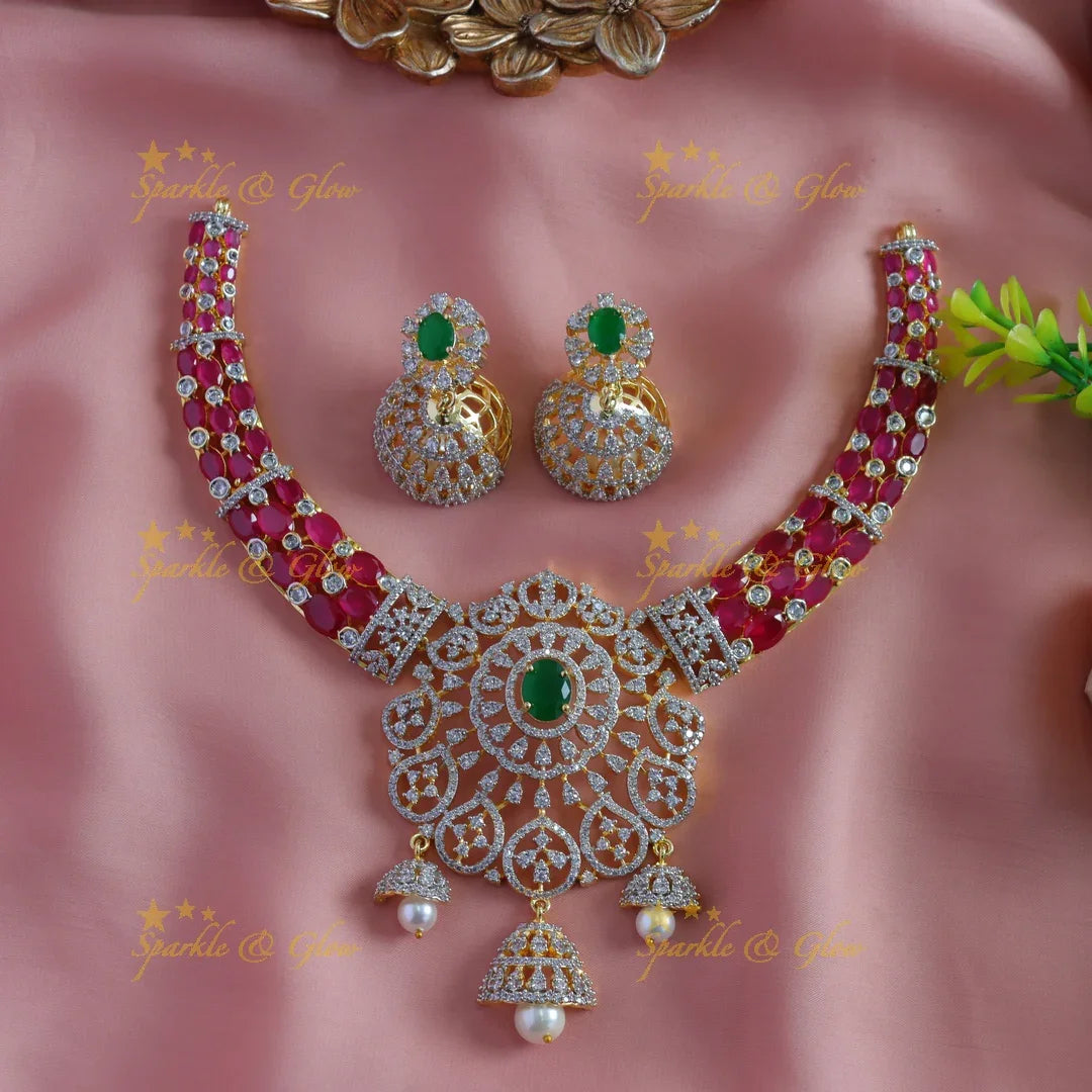 Beautiful Mango Floral American diamond short necklace with Jhumuka drop - Sparkle and Glow
